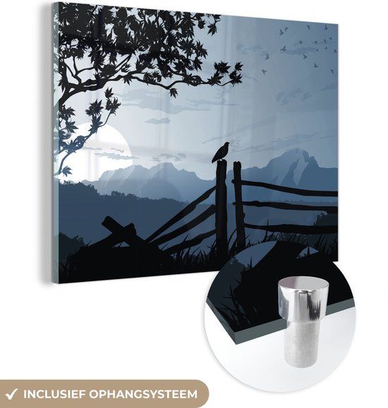 MuchoWow® Glass Painting 40x30 cm - Acrylic Glass Painting - Silhouette illustration of a bird on a fence - Photo on glass - Paintings