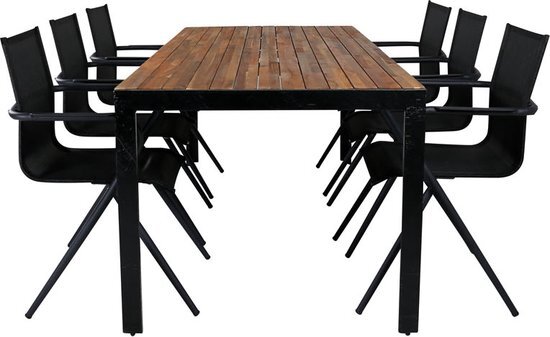 Hioshop Bois tuinmeubelset tafel 90x205cm en 6 stoel salu Alina zwart, naturel.