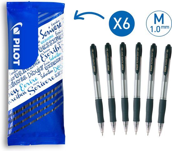Pilot Super Grip Intrekbare Balpen - Medium - Zwart - 6 stuks