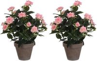 Mica Decorations Kunstplant - 2x - Rozen - Roze - In Grijze Pot - 33cm