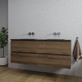 Saniclass Chaci Badkamermeubelset - 140x46x55cm - keramische wastafel zwart - 2 wasbakken - zonder kraangaten - 4 lades - noten