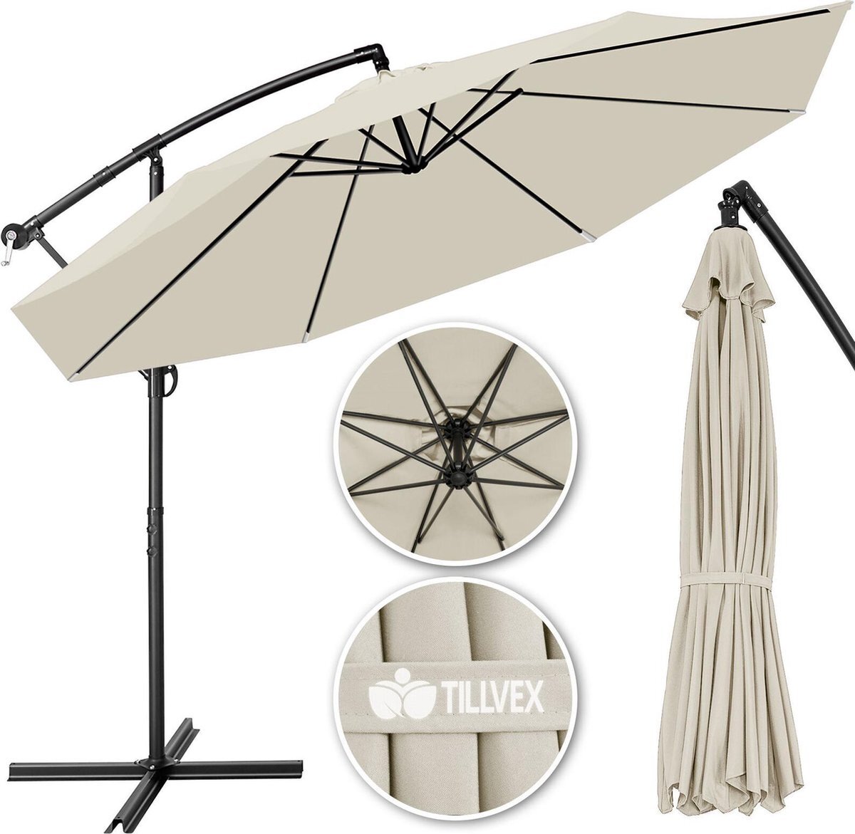 Tillvex Parasol Ø 3m beige-zweeparasol -hangparasol- vrijhangende parasol- tuinparasol- slinger-balkon- aluminium-kantelbaar