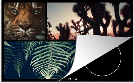 KitchenYeah® Inductie beschermer 77x51 cm - Collage - Tijger - Planten - Zonsondergang - Inductiebeschermer