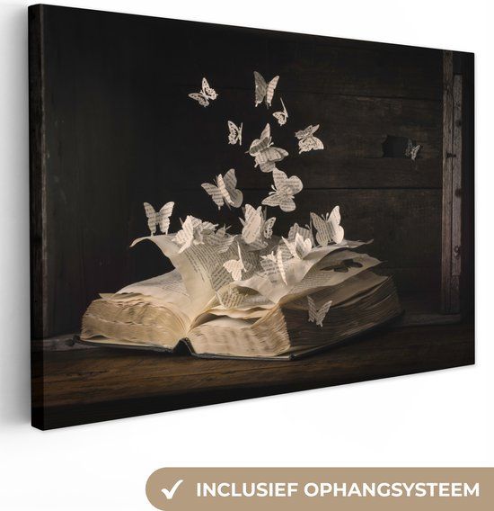 OneMillionCanvasses Canvas schilderij - Vintage - Boek - Papier - Vlinder - 60x40 cm
