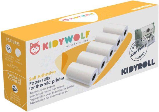 Kidywolf Kidyroll Zelfklevende Stickers Thermisch Papier voor Kidyprint / K-Print – 5 Rollen, 300 Prints
