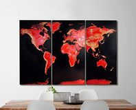 Close Up® Wereldkaart Fire Opal met 3D-effect | 3-delig canvas - Triptychon | Vurige kleuren en goud op zwarte achtergrond | 120 x 80 cm (3x 80 x 40 cm)