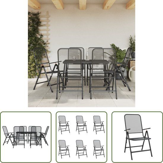 The Living Store Tuinset - Antraciet - 6 tuinstoelen - 1 tuintafel - Metaalgaas - E-coating - Staal - Poedercoating