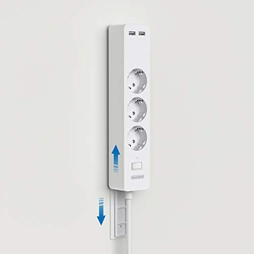 NTONPOWER 3-voudige stekkerdoos overspanningsbeveiliging Opschroeven met plakstift Meerdere stopcontacten met USB en schakelaar Verlengkabel 1,5 m PC stekkerdoos kinderslot, wit