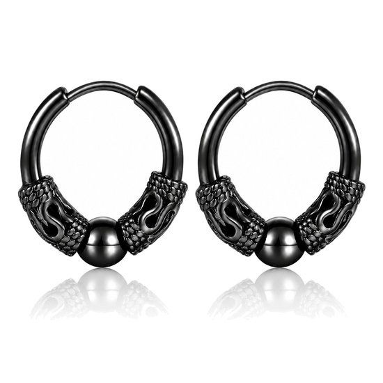 Mendes Lookinggoodtoday Heren oorringen staal zwart met details en balletje - 16mm