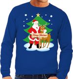 Bellatio Decorations BD Foute kersttrui - kerstman en rendier Rudolf - blauw - voor heren - kerst sweater - Kersttruien S