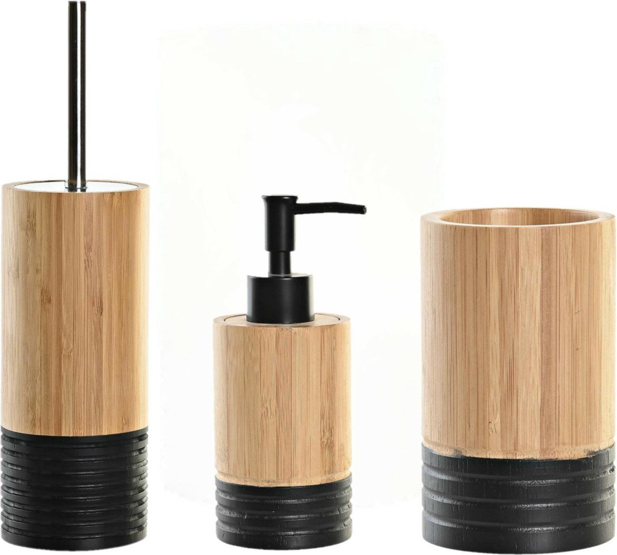 Toiletborstel met houder - beker/zeeppompje 300 ml - bamboe/rvs - Lichtbruin