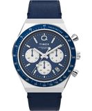 Timex Q Chronograaf 40 mm herenhorloge - Blauw lederen tweedelige band met snelsluiting, roestvrijstalen kast met blauwe wijzerplaat, TW2W51700