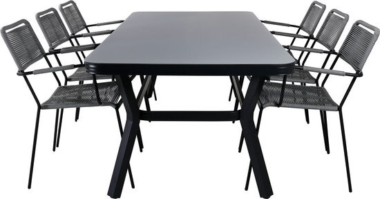 Hioshop Virya tuinmeubelset tafel 100x200cm en 6 stoel armleuningG Lindos zwart, grijs.