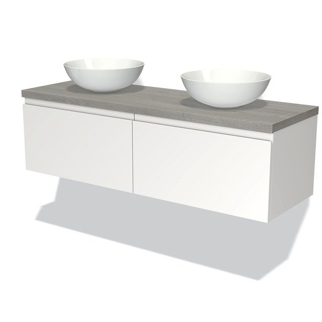 Maxaro Badkamermeubel Modulo Plato 140cm Mat Wit 2 Lades Greeploos Grijs Eiken Blad