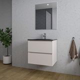 Saniclass Chaci Badkamermeubelset - 60x46x55cm - keramische wastafel zwart - 1 wasbak - 1 kraangat - 2 lades - rechthoekige spiegel - mat cotton (beige)