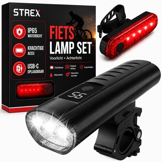 Strex Fietsverlichting Set USB Oplaadbaar - LED Fietslamp Voor en Achter - 1600 Lumen