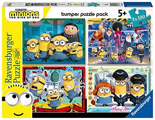 Ravensburger Minions, 4 puzzels met 100 stukjes, bumperverpakking, kinderpuzzel, aanbevolen leeftijd 5+, hoogwaardige puzzel