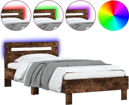 vidaXL Bedframe met hoofdbord en LED gerookt eikenkleur 100x200 cm