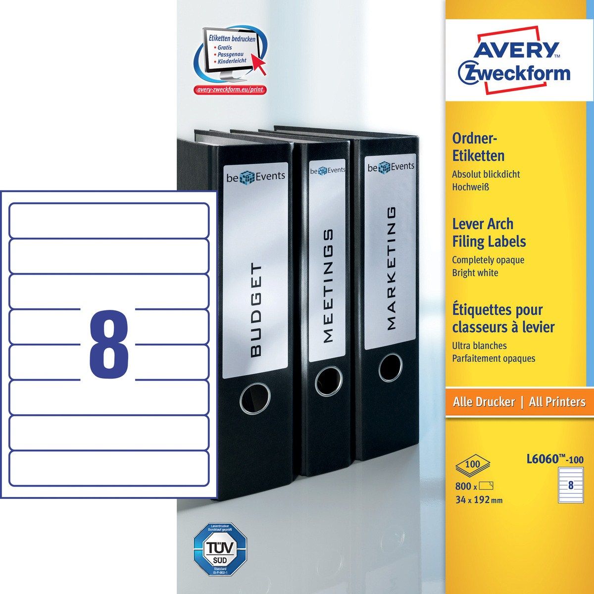 Avery Ordnerrugetiketten L6060-100 - wit - 192,0 x 34,0 mm - permanent klevend