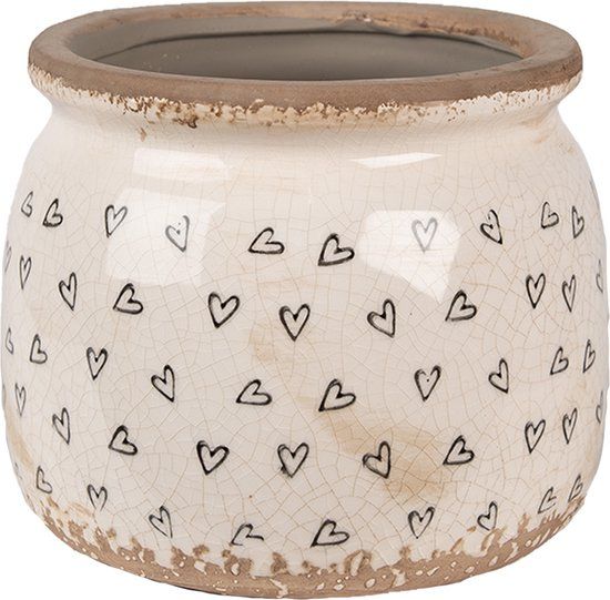 Clayre & Eef Bloempot - Ø 16x13 cm - Beige Zwart - Keramiek - Hartjes - Binnen