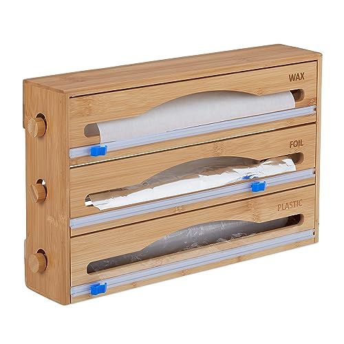 Relaxdays foliehouder 3 in 1, muur & lade, bamboe, foliesnijder keuken