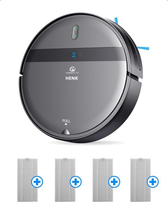 CleanWise Henk Robotstofzuiger + 4 filters – Nederlands Product – Voor Huisdieren – Met Dweilfunctie & Laadstation – Dweilrobot – 4500 Pa – HEPA 14 – Ultra dun 7,4 cm – App & Spraakbediening – Voor Huisdierharen, Harde Vloeren & Tapijt