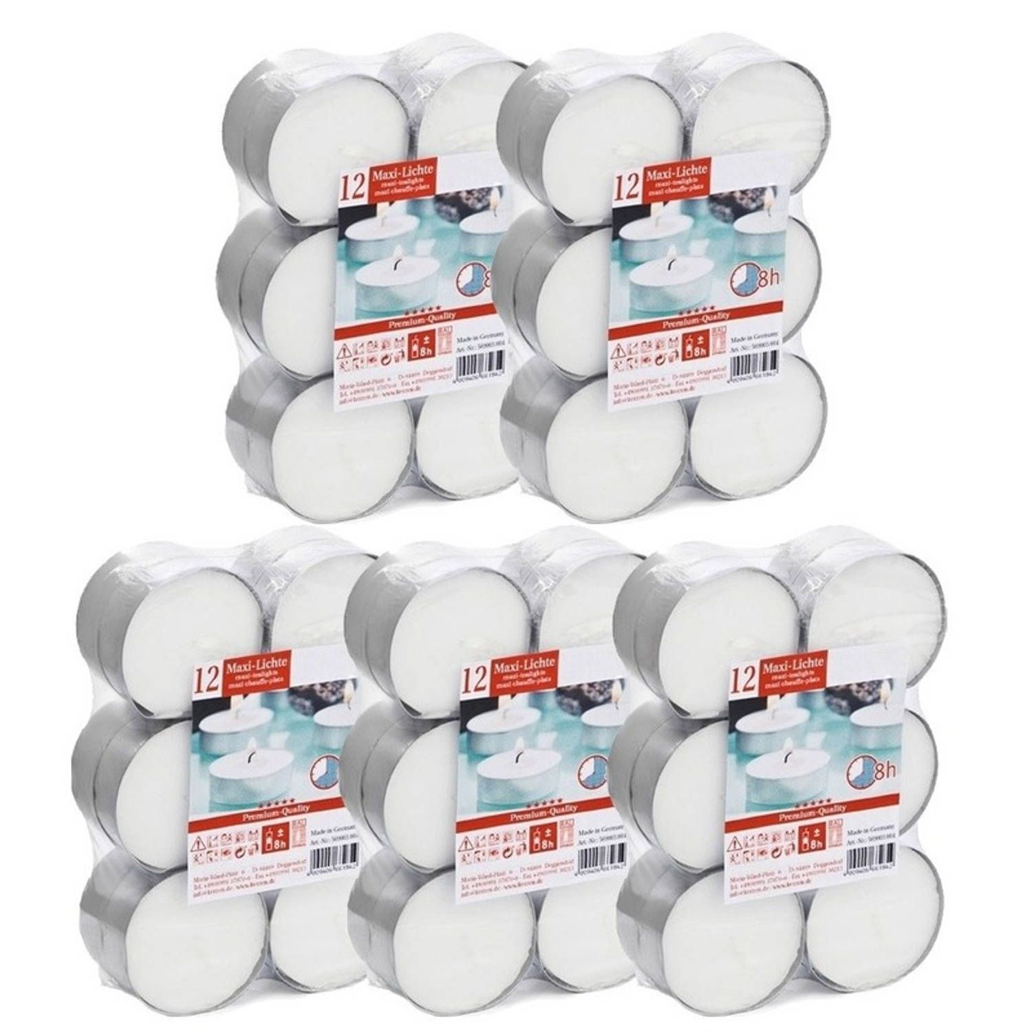 Trend Candles 60x Witte maxi theelichtjes/waxinelichtjes 8 branduren - Geurloze kaarsen