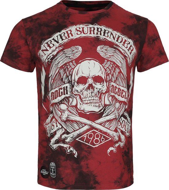 Rock Rebel by EMP rood-zwart t-shirt Never Surrender doodskop in batiklook - Heren - XXL
