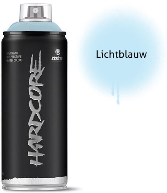 Montana-Colors 1x Hardcore2 spuitbus - 400ml Lichtblauwe spuitverf - Hoge druk en glossy afwerking - Spuitverf voor binnen en buiten gebruik voor vele doeleinden zoals klussen graffiti hobby en kunst