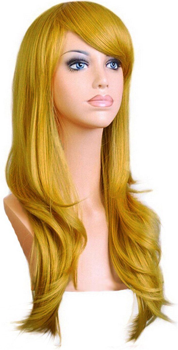 KIMU luxe lange gouden pruik zeemeermin - goud geel mermaid lang haarwerk met schuine pony - gele goudblond