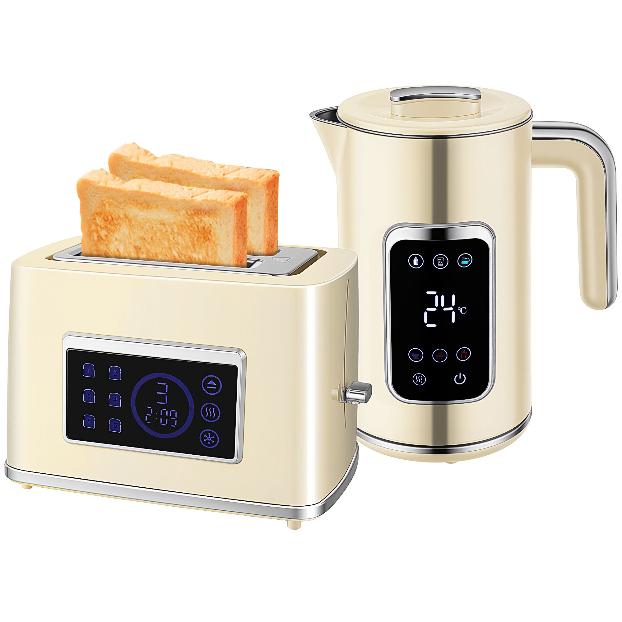 Homcom Ontbijtset met Led Touch Screen Ketel 1,7L 2200W Brede Sleuf Broodrooster 2 Plakjes Crème