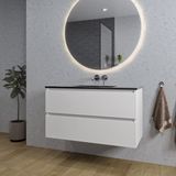 Saniclass Chaci Ensemble de meubles de salle de bain - 100x46x55cm - lavabo en céramique noir - 1 vasque - sans trous de robinetterie - 2 tiroirs - miroir rond avec éclairage - blanc mat