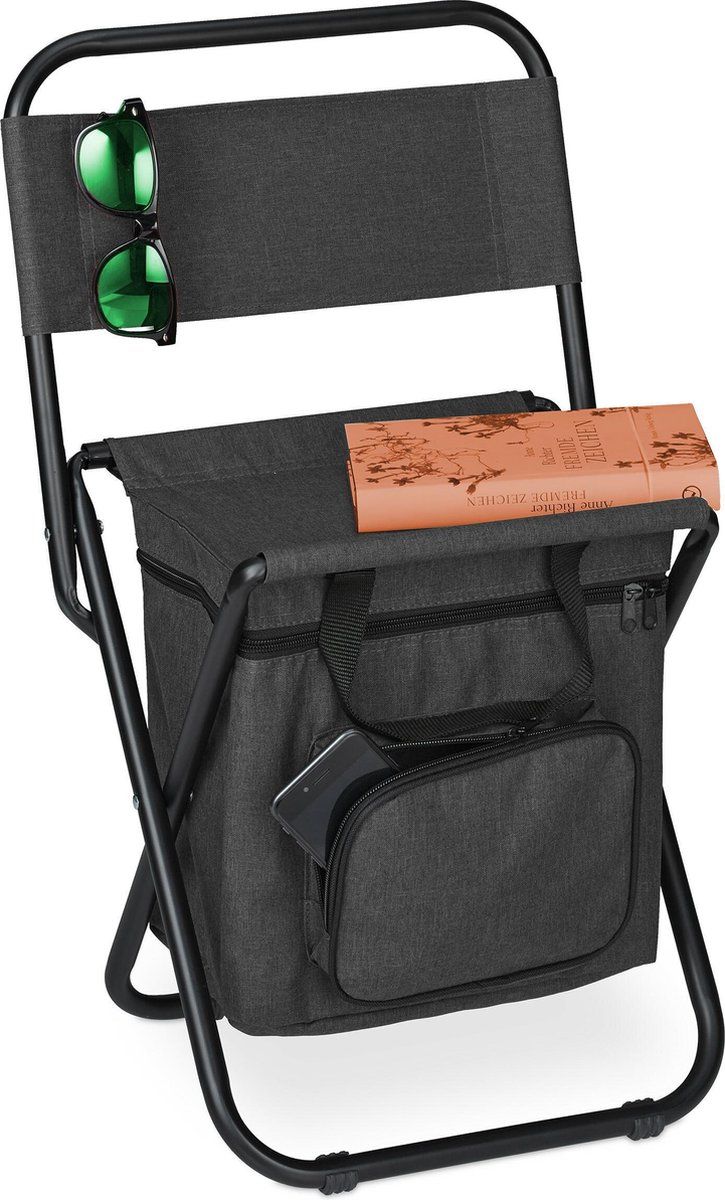 Relaxdays campingkruk met leuning - kampeerkruk - viskrukje - opvouwbaar - zwart