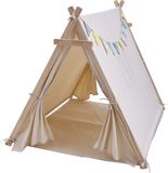 Sunny Sienna Speeltent met vlaggen en vloermat Crème – Wigwam Tipi Tent voor kinderen met Slinger & Opbergtas - Stokken FSC hout - 120x100x105cm
