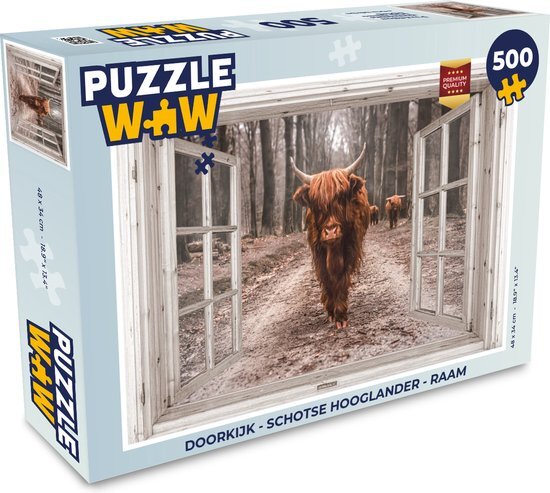 MuchoWow Puzzel Doorkijk - Schotse Hooglander - Raam - Legpuzzel - Puzzel 500 stukjes