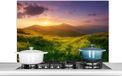 KitchenYeah Spatscherm keuken 100x65 cm - Kookplaat achterwand Bergen - Zon - Natuur - Muurbeschermer - Spatwand fornuis - Hoogwaardig aluminium