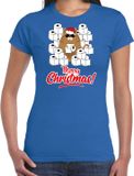 Bellatio Decorations Shoppartners Bv Fout Kerstshirt / Kerst t-shirt met hamsterende kat Merry Christmas blauw voor dames - Kerstkleding / Christmas outfit L