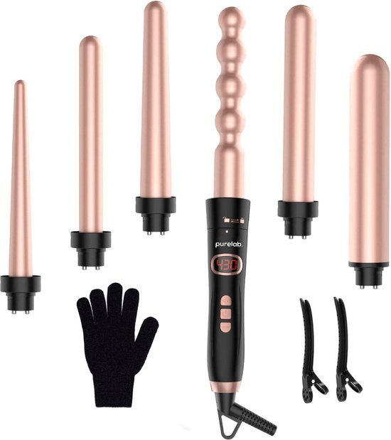 Purelab 6-in-1 keramische krultang - haarkruller met opzetstukken - incl. handschoen en haarclips - curling iron - 120-2