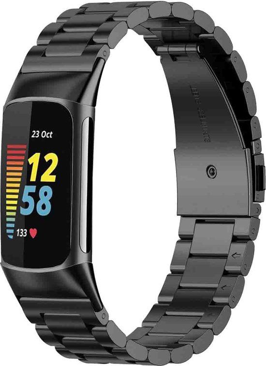 imoshion Bandje voor Fitbit Charge 6 / 5 - Zwart RVS - Vlindersluiting - Inkortbaar