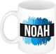 Bellatio Decorations Noah naam cadeau koffie mok - beker - met blauw verfstrepen - Cadeau collega - vaderdag - verjaardag - meester - coach - 300 ml - wit