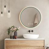 EMKE Ronde led-badkamerspiegel, diameter 60 cm, donkergroen, condensvrij, met tijd- en temperatuurweergave, neutraal licht, instelbare intensiteit, IP44