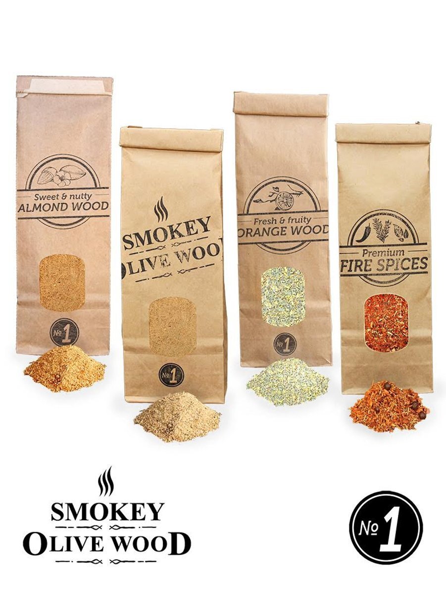 Smokey Olive Wood - Rookmot - Selectie en vuurkruiden - Olijf/Beuk - Amandel - Sinaasappel en vuurkruiden - 4 X 300ml