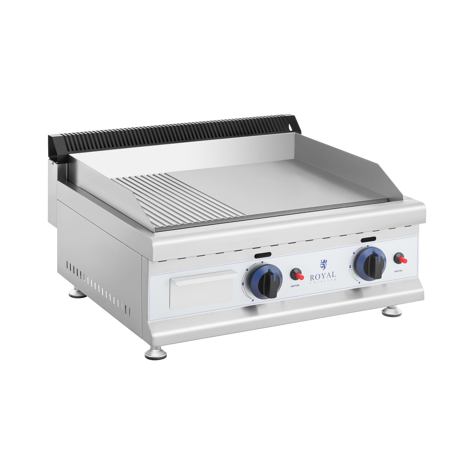 Royal Catering Dubbele gasgrill - 60 x 40 cm - glad / geribbeld - 2 x 3.100 W - aardgas - 20 mbar