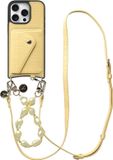 AVY Leren Hoesje geschikt voor Apple iPhone 16 Pro | Met Koord en Kaarthouder | Compatibel met MagSafe | Leather Case met Polsand & Crossbody Koord & Wallet | Pearl Leather Set | Croco Geel