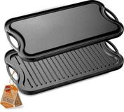 NutriChef Bakplaat - Grillplaat - Gietijzeren Ribbelplaat - Platte & Geribbelde Zijden - Omkeerbare Grillplaat - Extra Breed - Ovenbestendig - Compatibel met Meerdere Kookplaten