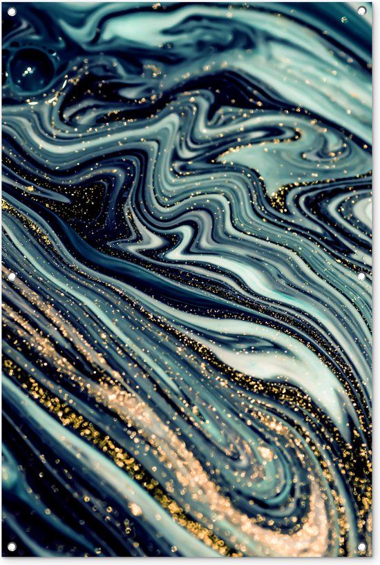 GreatGardenPosters Tuinposter - Marmer - Goud - Blauw - Glitter - Marmerlook - Abstract - 80x120 cm - Buiten