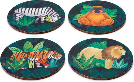 Set of 4 Cork Coasters - Animal Kingdom - 10cm - Wild Animals