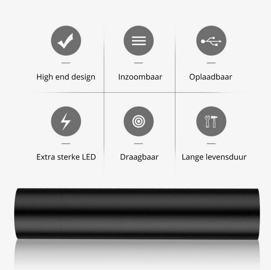 LED Zaklamp - Oplaadbaar - 350 Lumen - 200m - Zwart