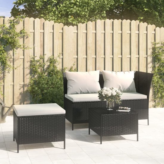 The Living Store Loungeset Hoekbank - Zwart - Poly Rattan - 110x58x72cm - Inclusief kussens