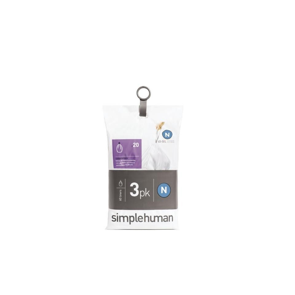 simplehuman Vuilniszak Code N - Voor Pocket Liners - 45 l - Set van 3x20 Stuks - Wit
